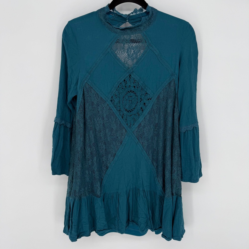 ALTAR'D STATE DARK TEAL HIGH NECK BELL SLEEVE LACE BOHEMIAN MINI DRESS MEDIUM